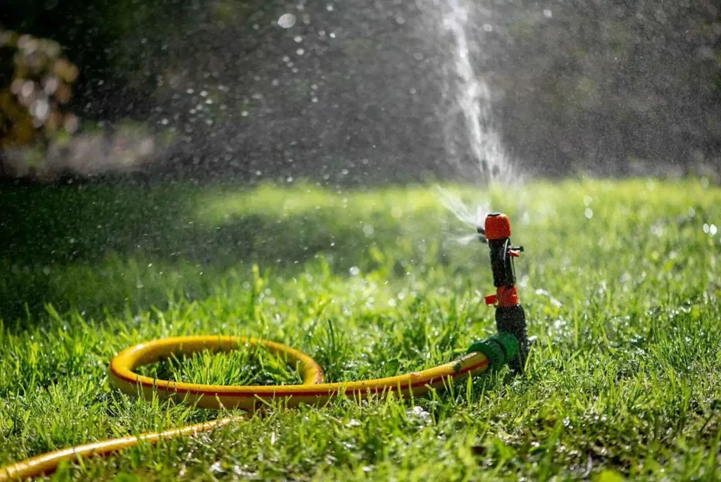 Describing Automatic sprinkler system watering the lawn