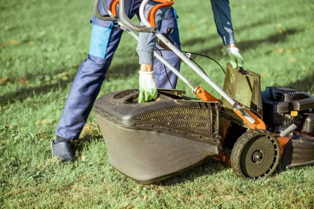 Gardener working with lawn mower